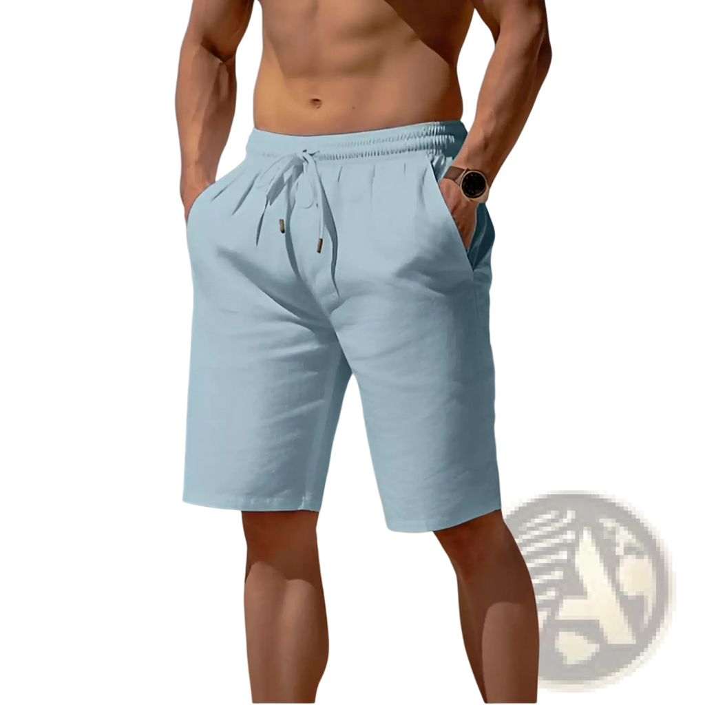 Men’s relaxed light blue cotton linen beach shorts with breathable fabric drawstring waistband and side pockets