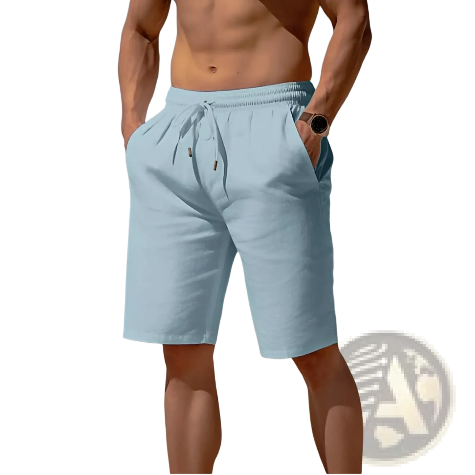 Men’s relaxed light blue cotton linen beach shorts with breathable fabric drawstring waistband and side pockets