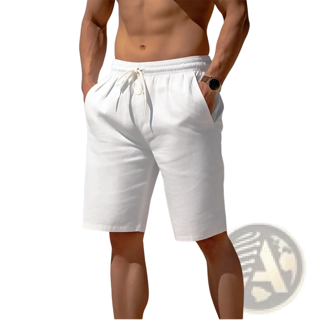 White cotton linen men’s relaxed beach shorts with drawstring waistband and side pockets