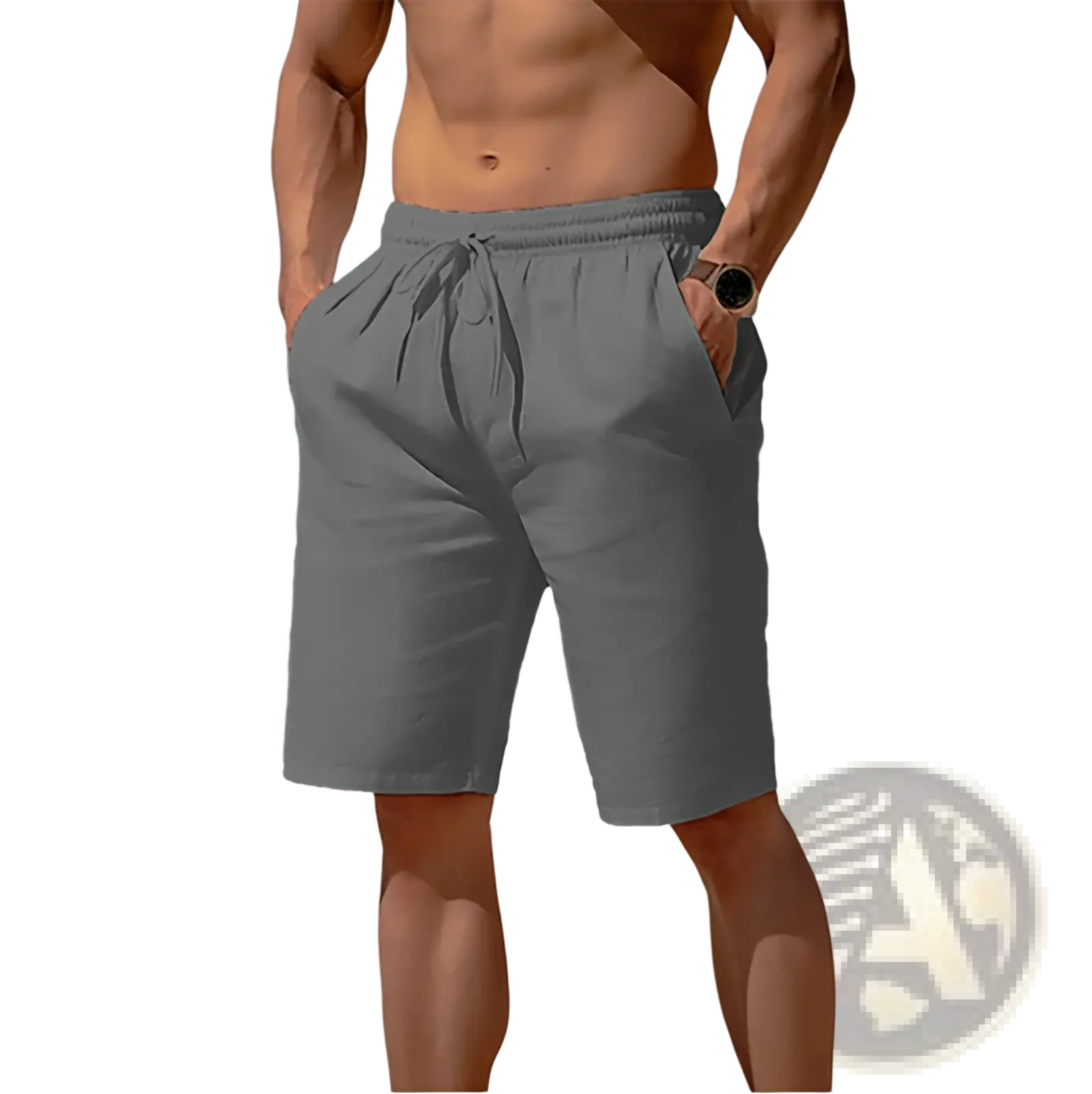 Men’s relaxed gray cotton linen drawstring beach shorts featuring a relaxed fit and side pockets