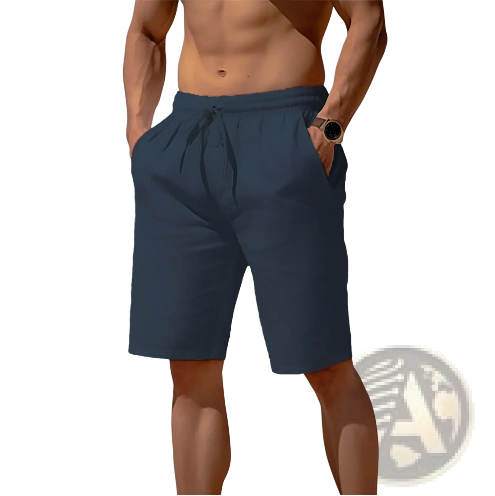 Men’s relaxed navy blue cotton linen beach shorts with drawstring waistband and side pockets for casual comfort