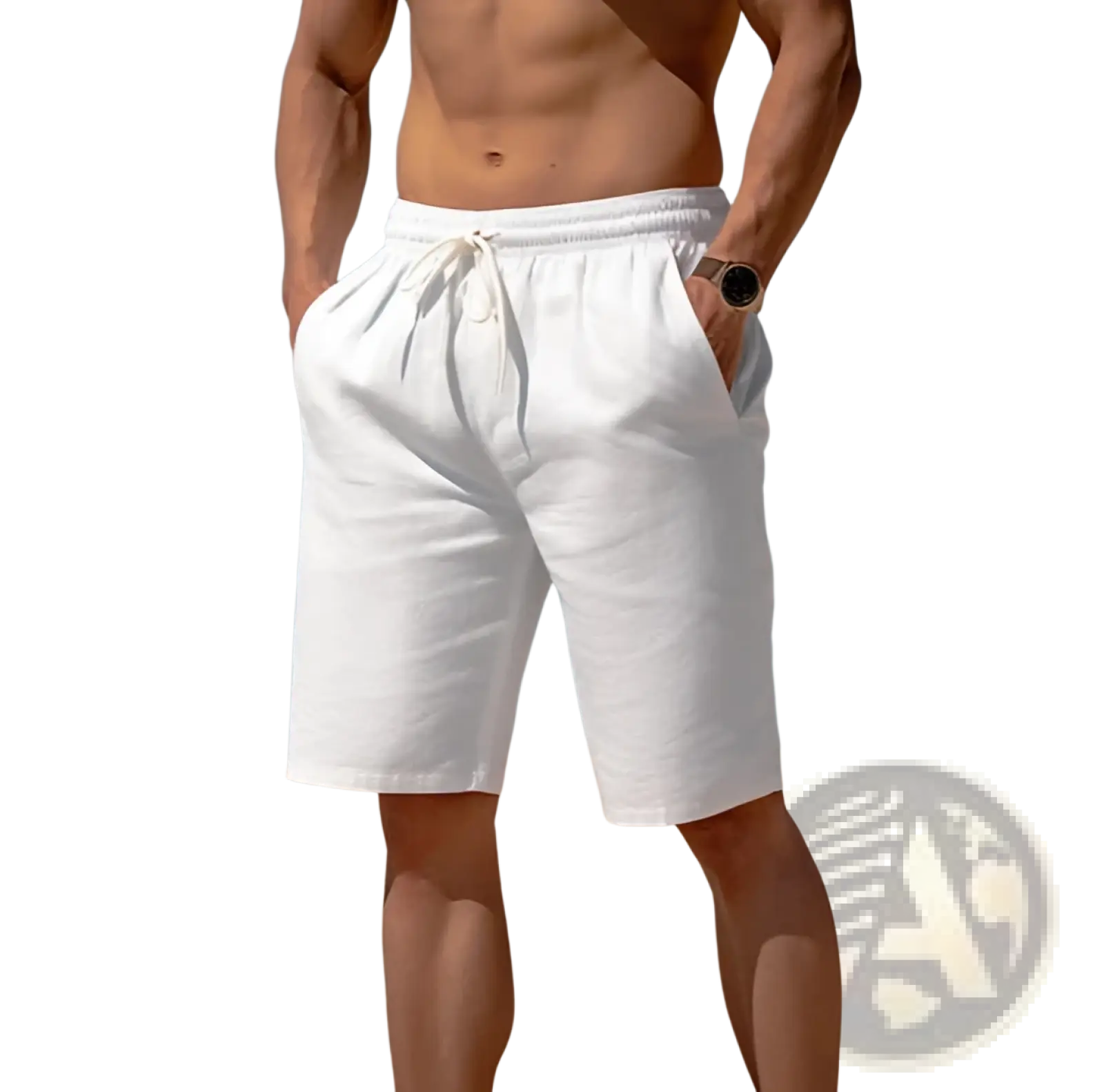 Men’s relaxed cotton linen white drawstring beach shorts with a relaxed fit and side pockets