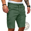 Men’s relaxed olive green cotton cargo shorts with elastic waistband and drawstring for comfortable casual wear