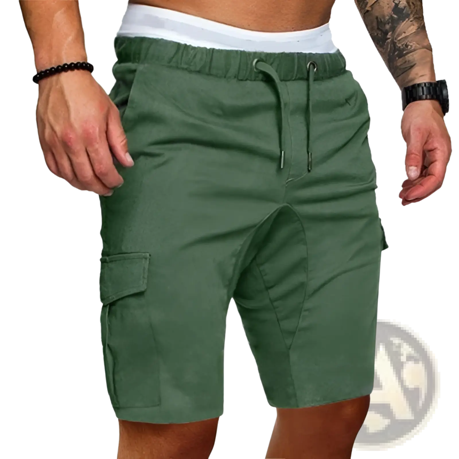 Men’s relaxed olive green cotton cargo shorts with elastic waistband and drawstring for comfortable casual wear