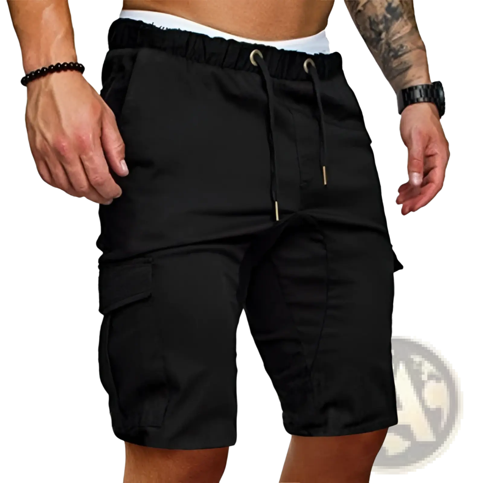 Men’s relaxed drawstring cotton cargo shorts in black with elastic waistband and multiple functional pockets