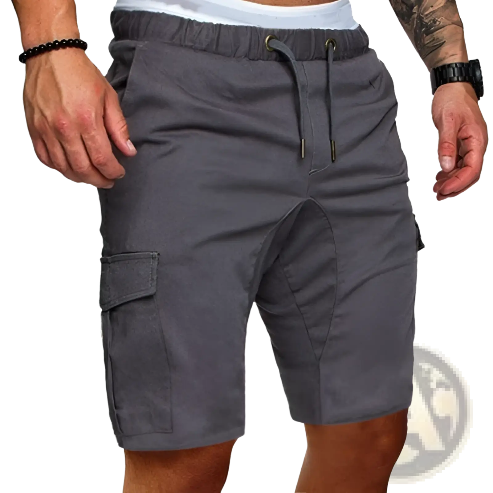 Men’s relaxed gray cotton cargo shorts with a drawstring waistband and multiple pockets for casual wear