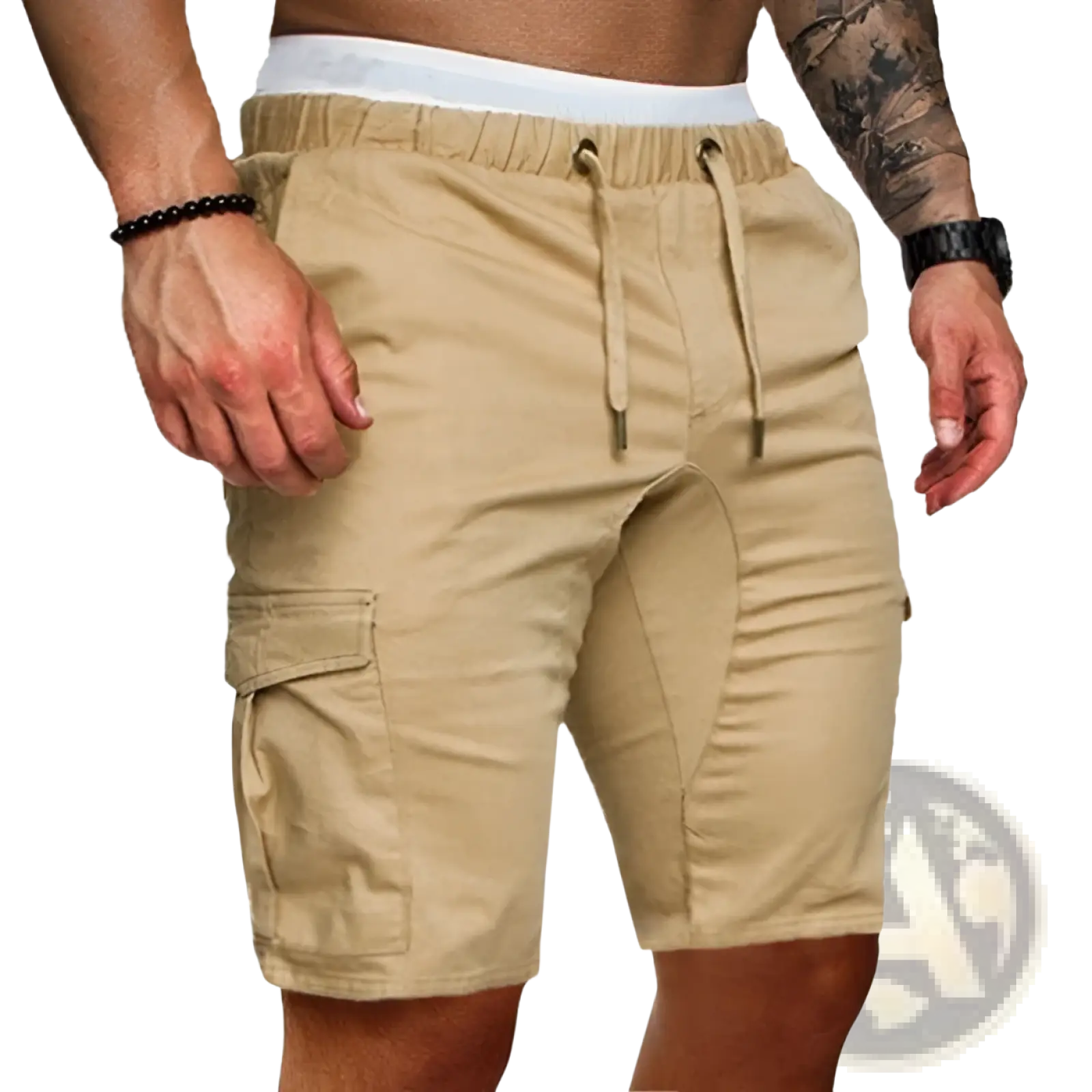 Men’s relaxed drawstring cotton cargo shorts in beige with elastic waistband and multiple pockets for casual wear