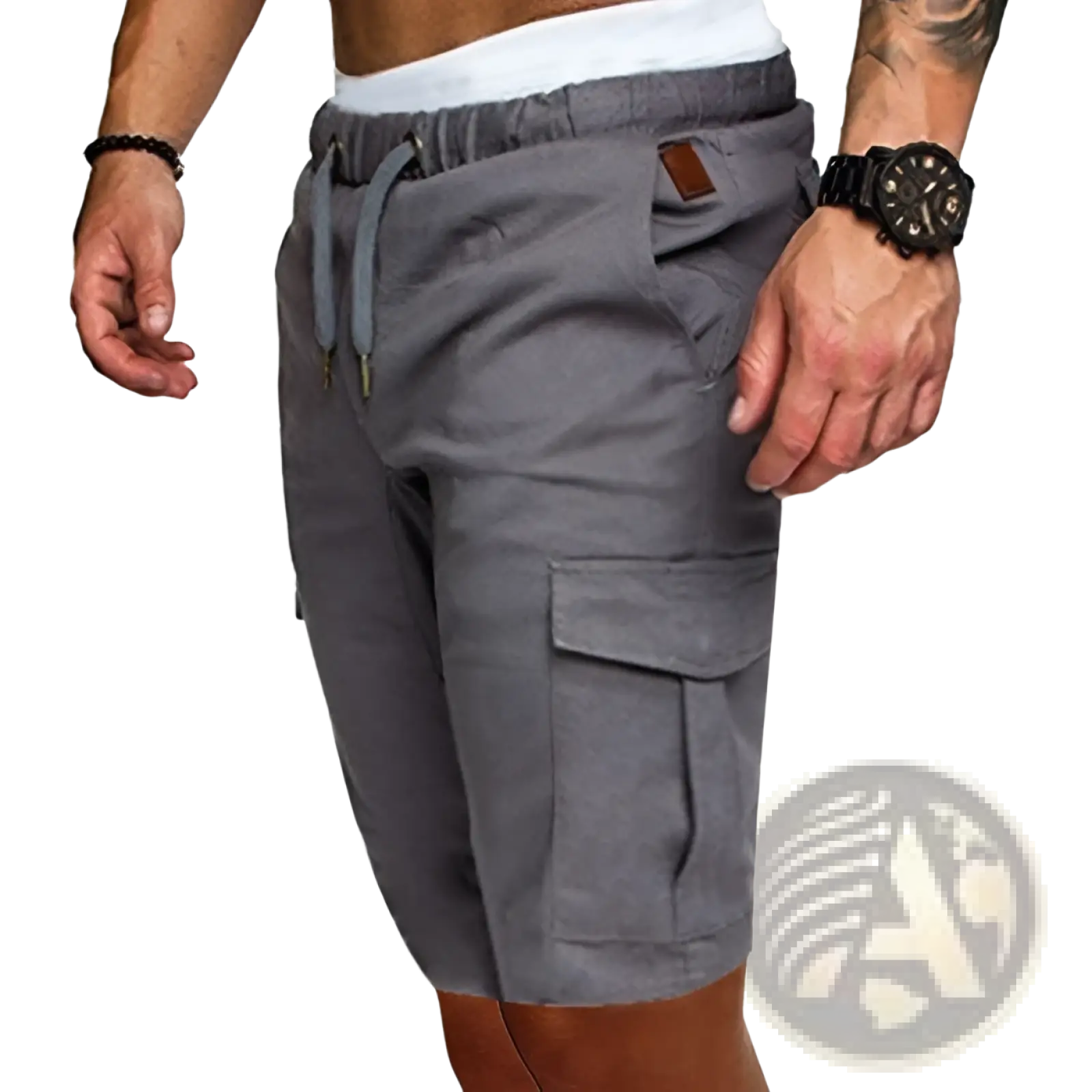 Men’s relaxed cotton cargo shorts in gray with a drawstring waistband and multiple functional pockets