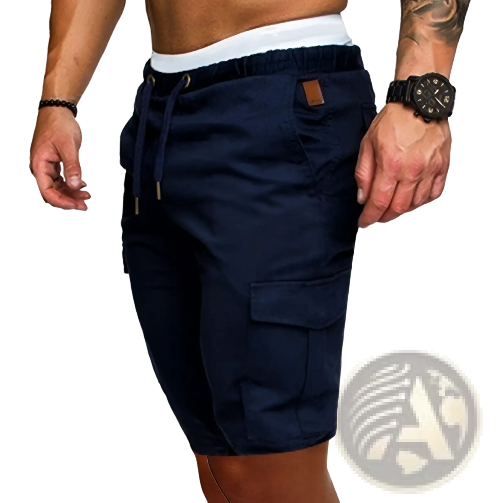 Men’s relaxed cotton cargo shorts in dark navy with a drawstring waistband and multiple functional pockets