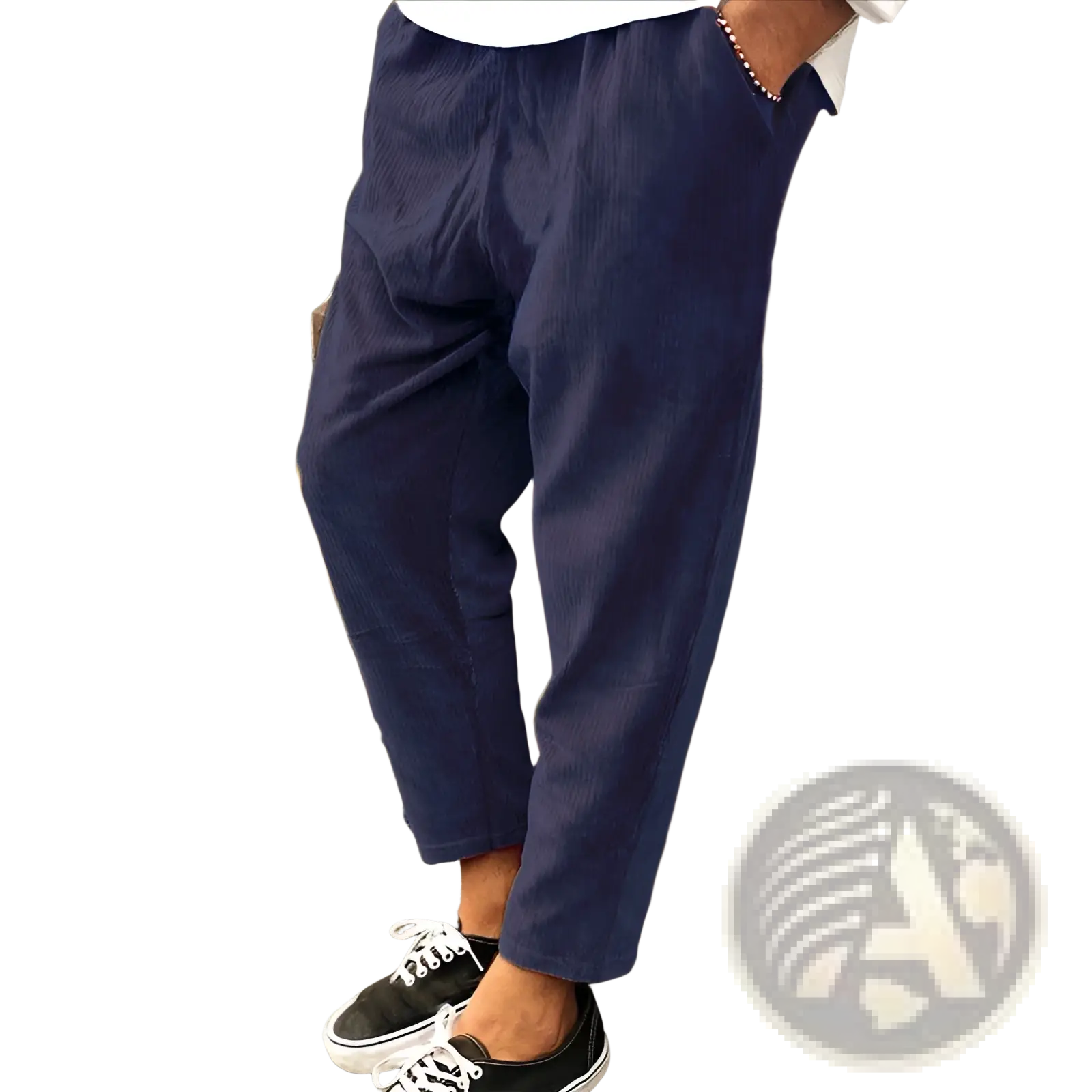 Men’s navy blue corduroy jogger trousers with a relaxed fit and tapered legs for comfortable casual wear