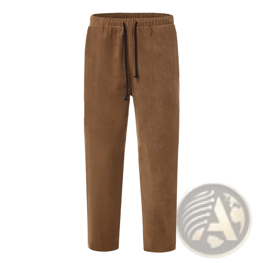 Men’s relaxed fit corduroy jogger trousers in brown with a black drawstring waistband for casual comfort