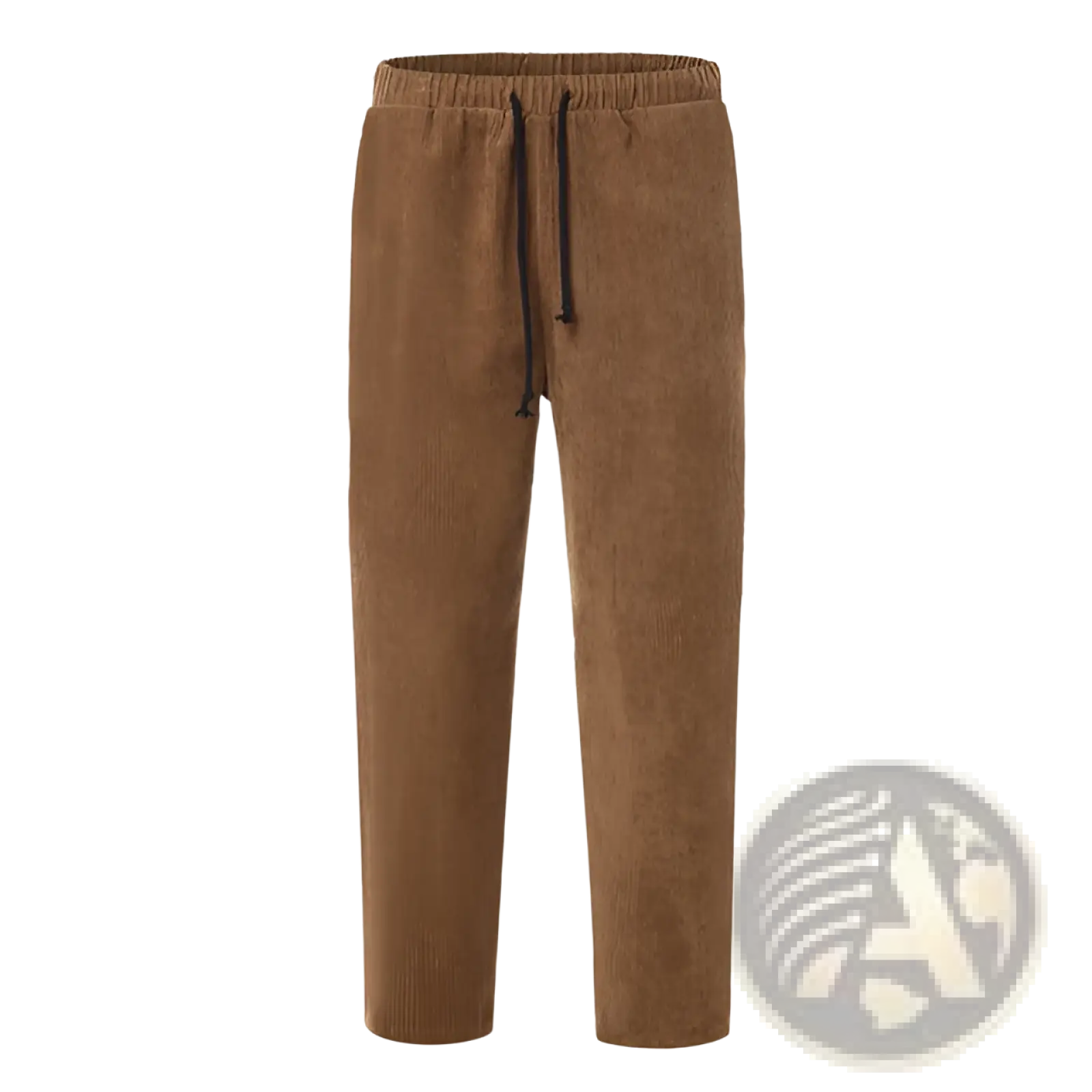 Men’s relaxed fit corduroy jogger trousers in brown with a black drawstring waistband for casual comfort