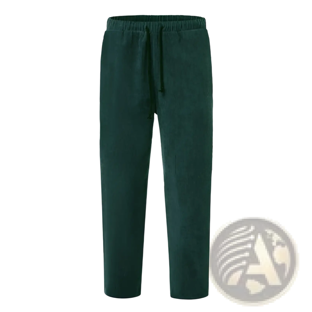Men’s relaxed fit corduroy jogger trousers in dark green with elastic waistband and drawstring closure