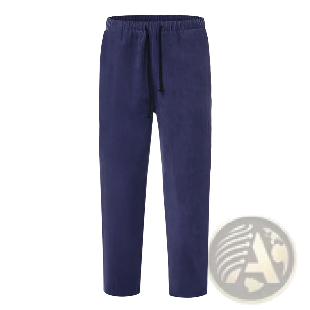 Men’s relaxed fit corduroy jogger trousers in navy blue with a drawstring waistband for casual comfort