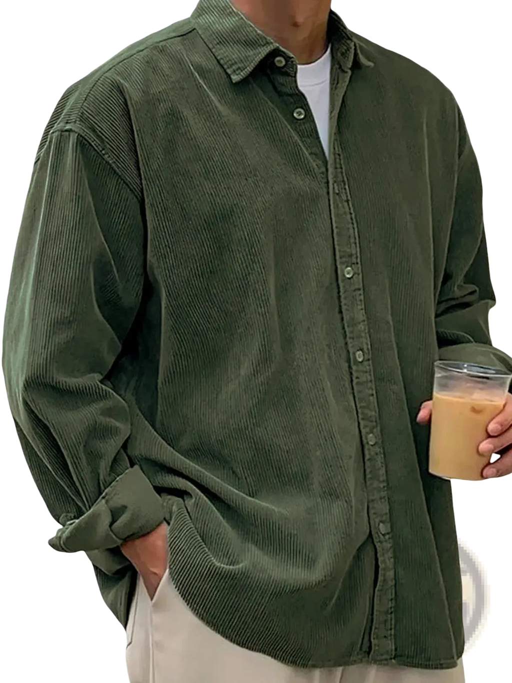 Men’s relaxed fit olive green corduroy shirt jacket with rolled cuffs and button-up front in a casual style