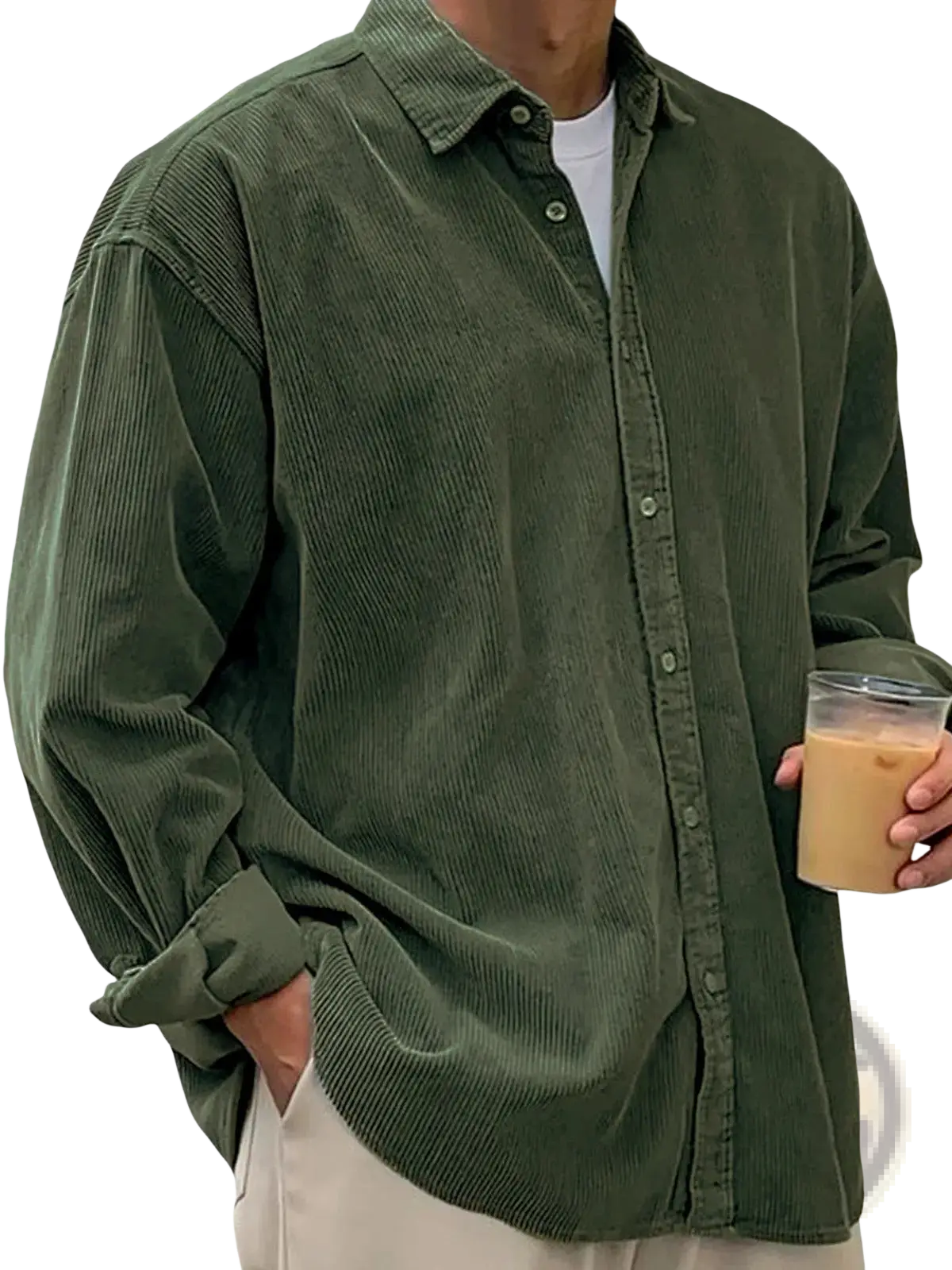 Men’s relaxed fit olive green corduroy shirt jacket with rolled cuffs and button-up front in a casual style