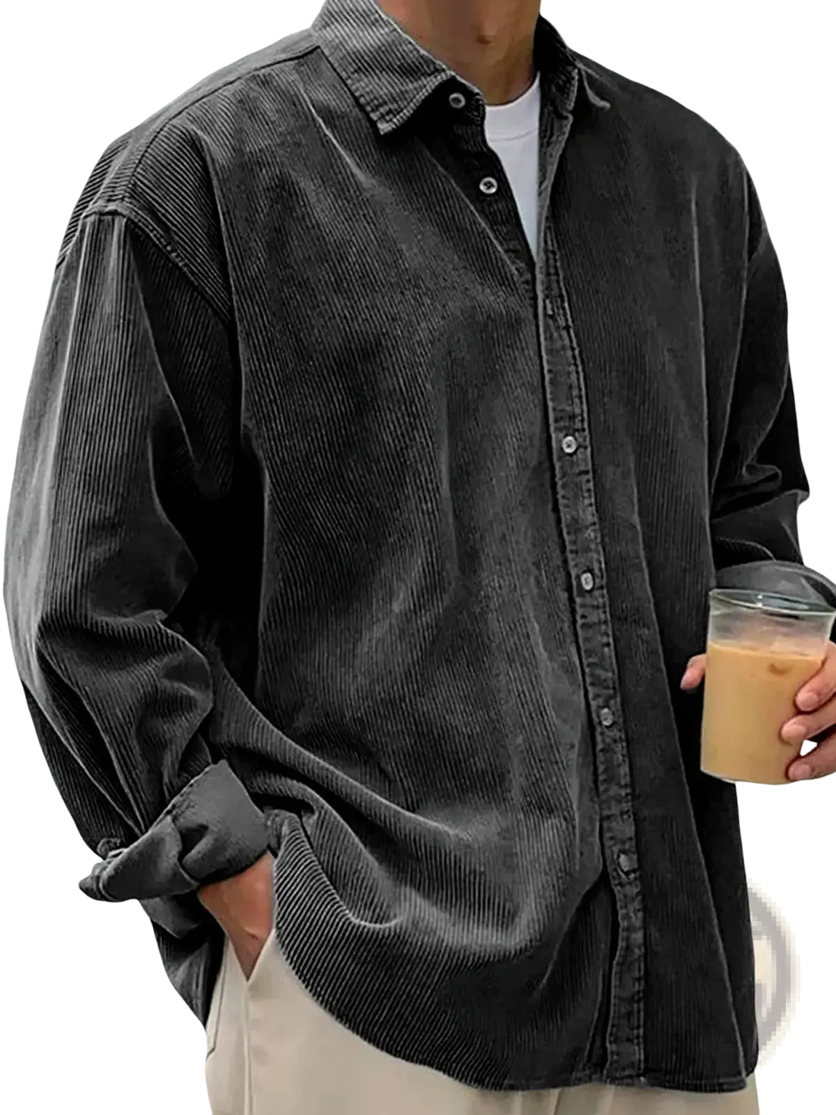 Dark gray corduroy men’s relaxed fit button-up shirt jacket with rolled cuffs and a casual style