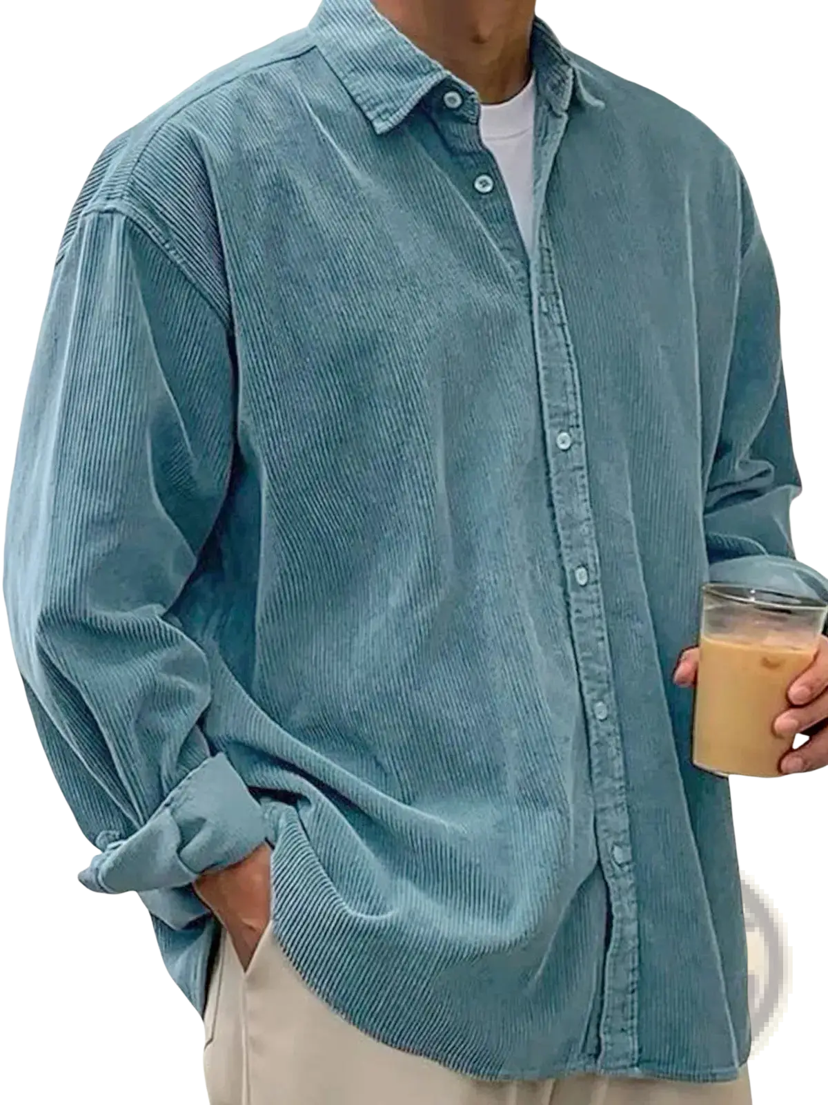 Men’s relaxed fit corduroy shirt jacket in teal featuring a classic collar and long sleeves with button-up front