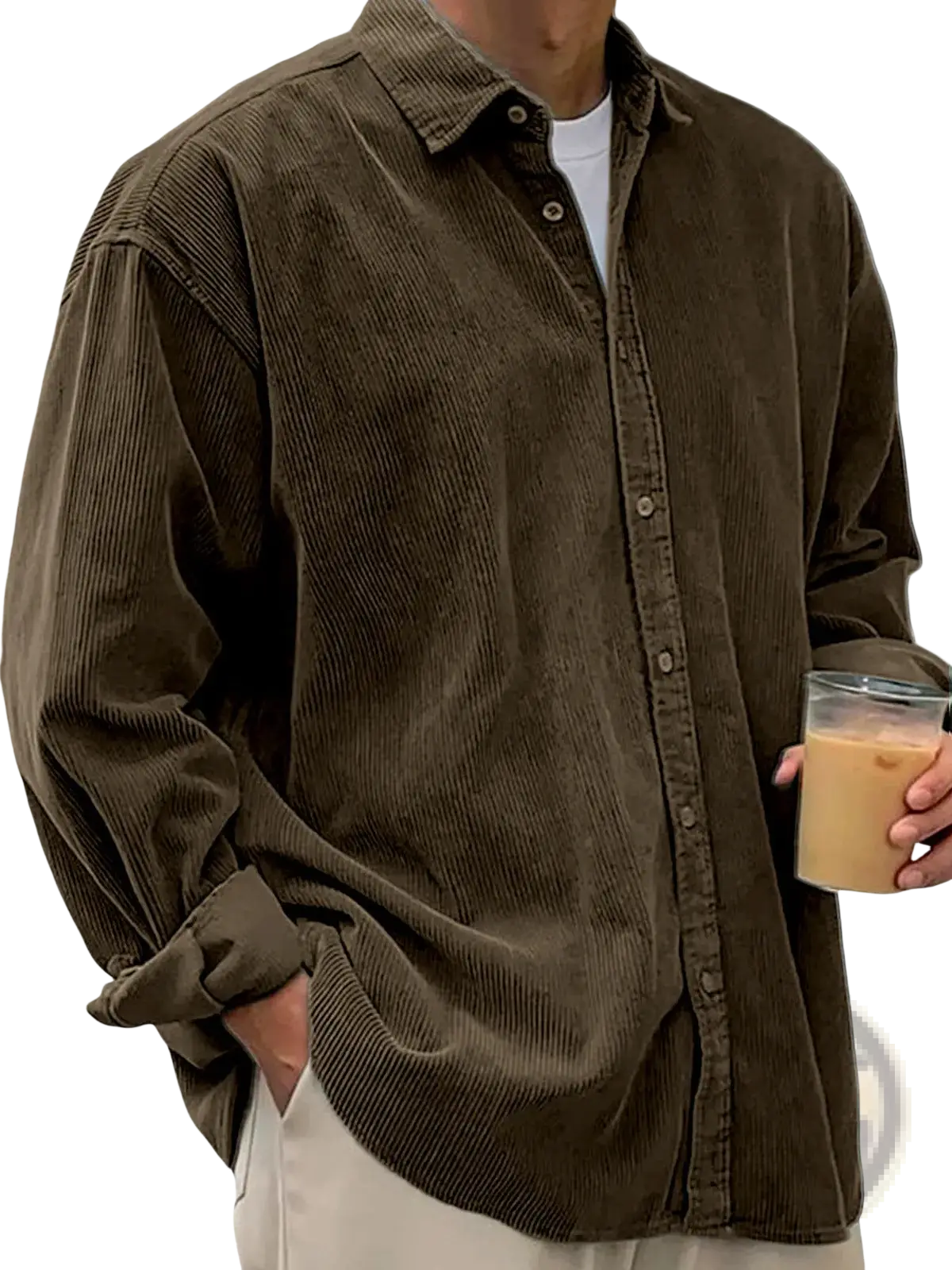 Men’s relaxed fit olive green corduroy shirt jacket with classic collar and rolled sleeves front view