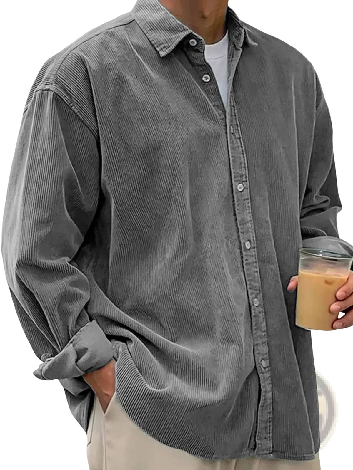 Men’s relaxed fit corduroy shirt jacket in gray with a relaxed fit and rolled-up sleeves