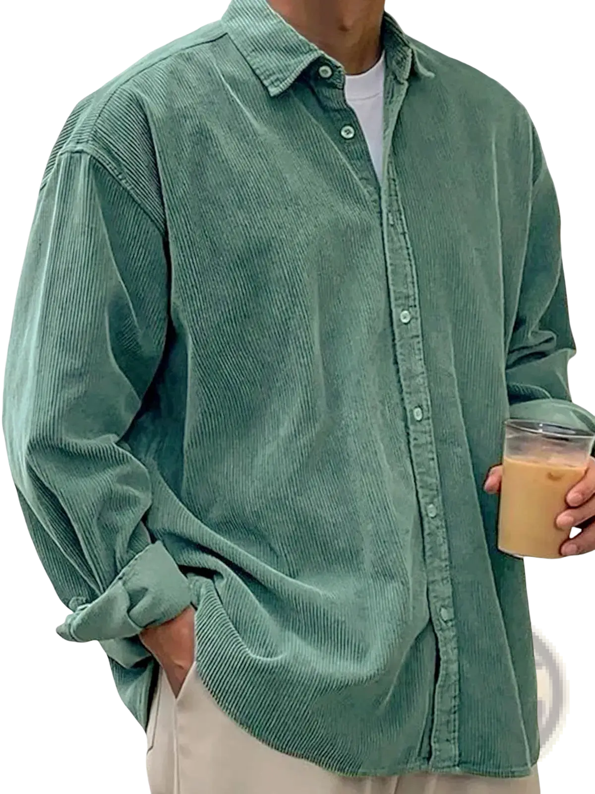 Men’s relaxed fit teal corduroy shirt jacket with classic collar and long sleeves for casual wear