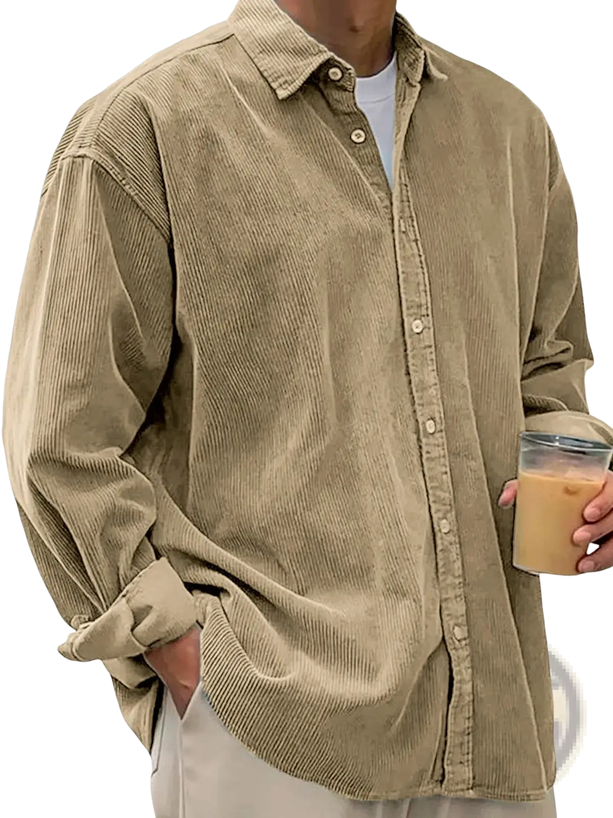Beige corduroy men’s relaxed fit shirt jacket with button-up front and rolled cuffs in a casual style