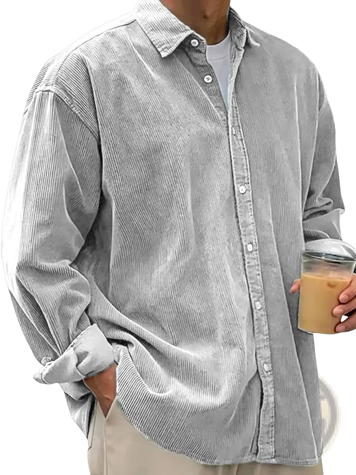 Men’s relaxed fit corduroy shirt jacket in gray with button-up front and rolled cuffs for casual wear