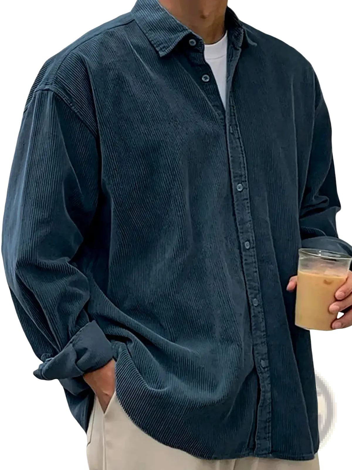 Men’s relaxed fit dark blue corduroy shirt jacket with classic collar and long sleeves in corduroy fabric