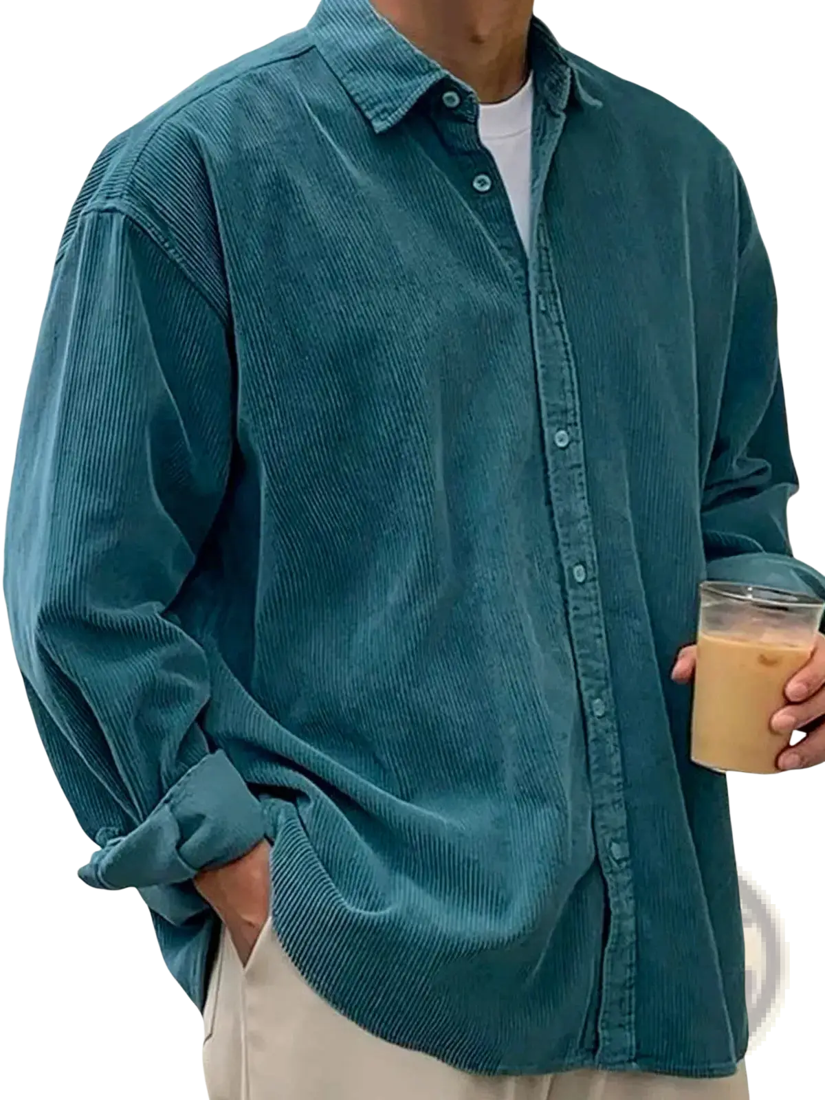 Men’s relaxed fit teal corduroy shirt jacket with classic collar and long sleeves for casual wear