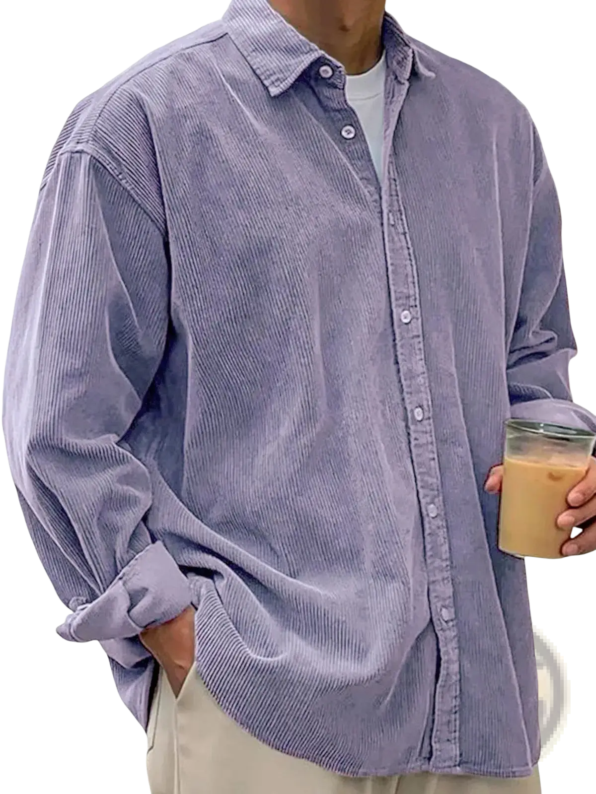Men’s relaxed fit corduroy shirt jacket in soft lavender with button-up front and rolled cuffs