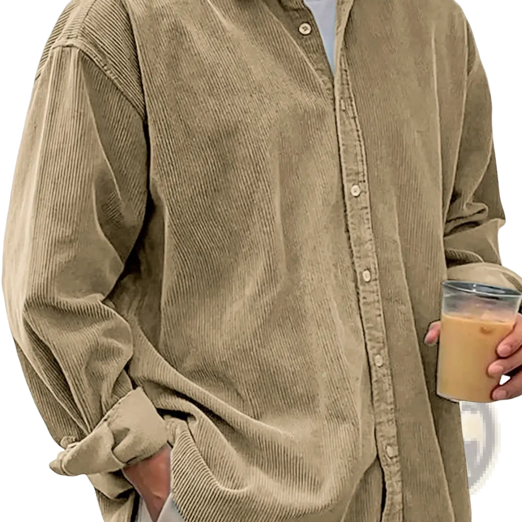 Men’s relaxed fit corduroy shirt jacket in beige with a button-up front and rolled cuffs for casual wear