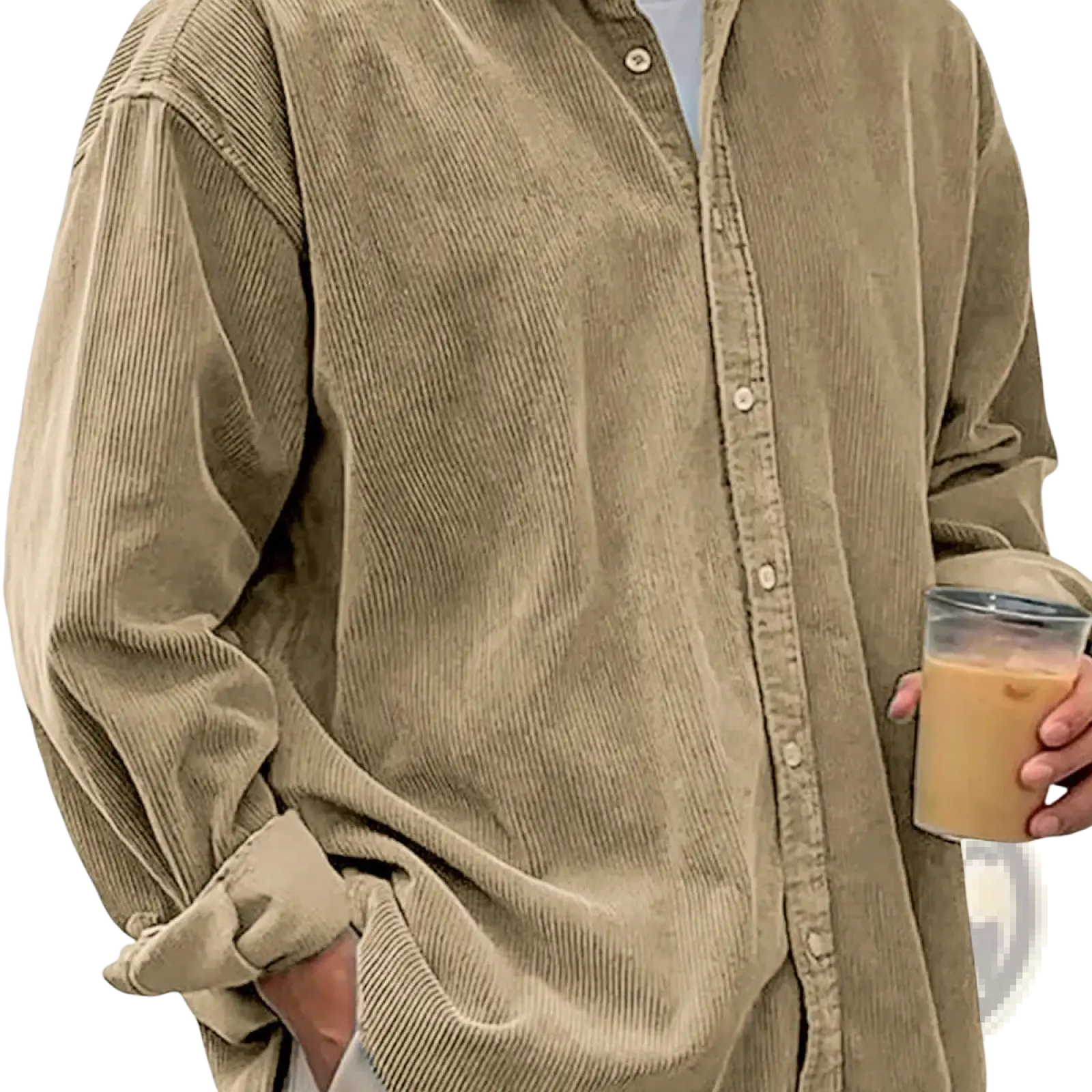 Men’s relaxed fit corduroy shirt jacket in beige with a button-up front and rolled cuffs for casual wear