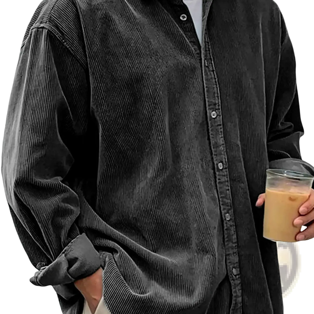 Men’s relaxed fit black corduroy shirt jacket with button-up front and rolled cuffs in a casual style