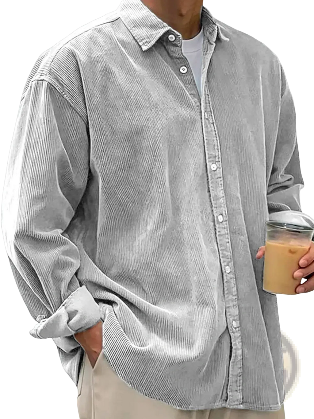Men’s relaxed fit gray corduroy shirt jacket with rolled cuffs and button-up front in a casual style