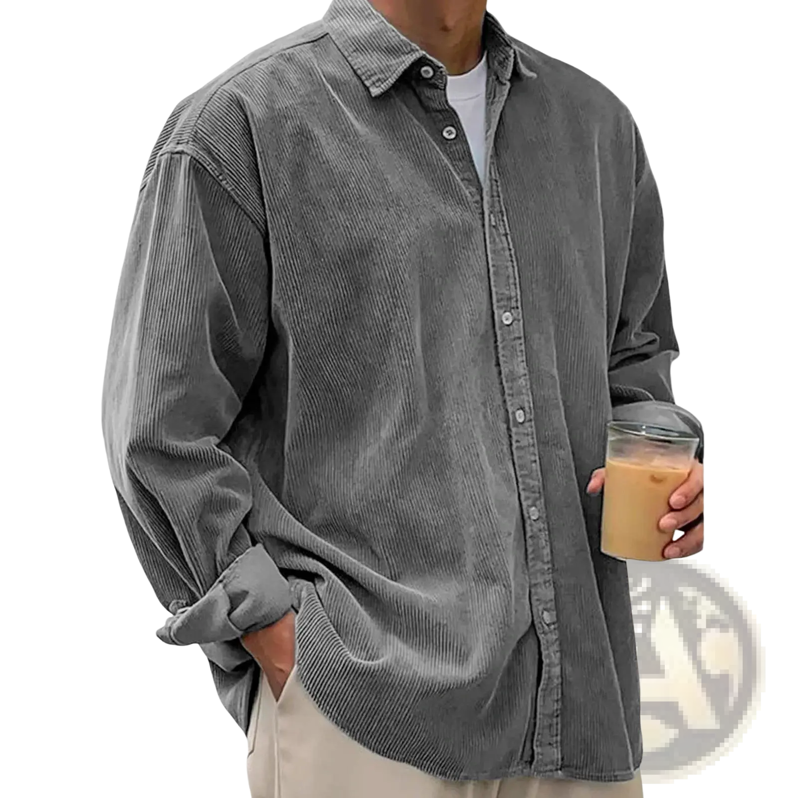 Men’s relaxed fit gray corduroy shirt jacket with classic collar and long sleeves worn casually over a white tee