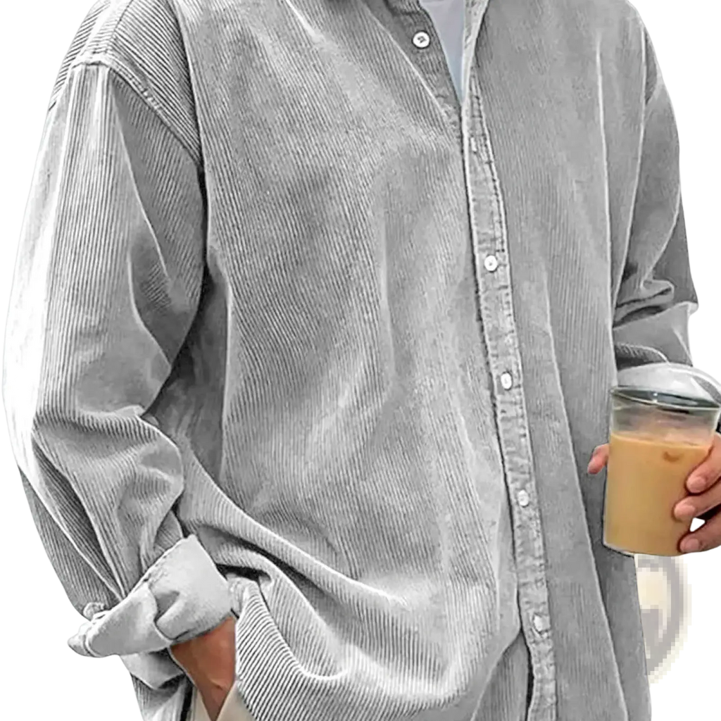 Men’s relaxed fit corduroy shirt jacket in soft gray with button-up front and rolled cuffs for casual wear