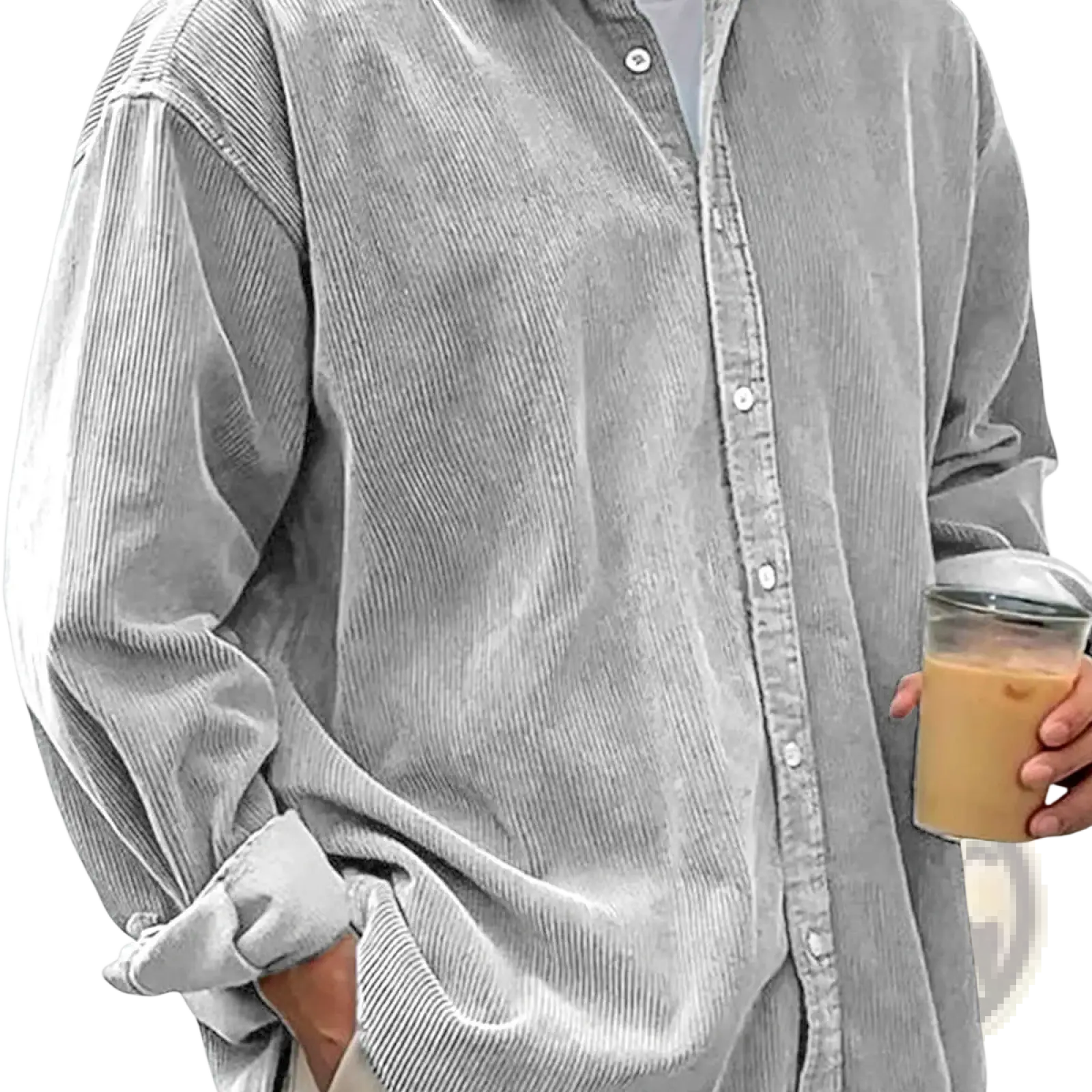 Men’s relaxed fit corduroy shirt jacket in soft gray with button-up front and rolled cuffs for casual wear