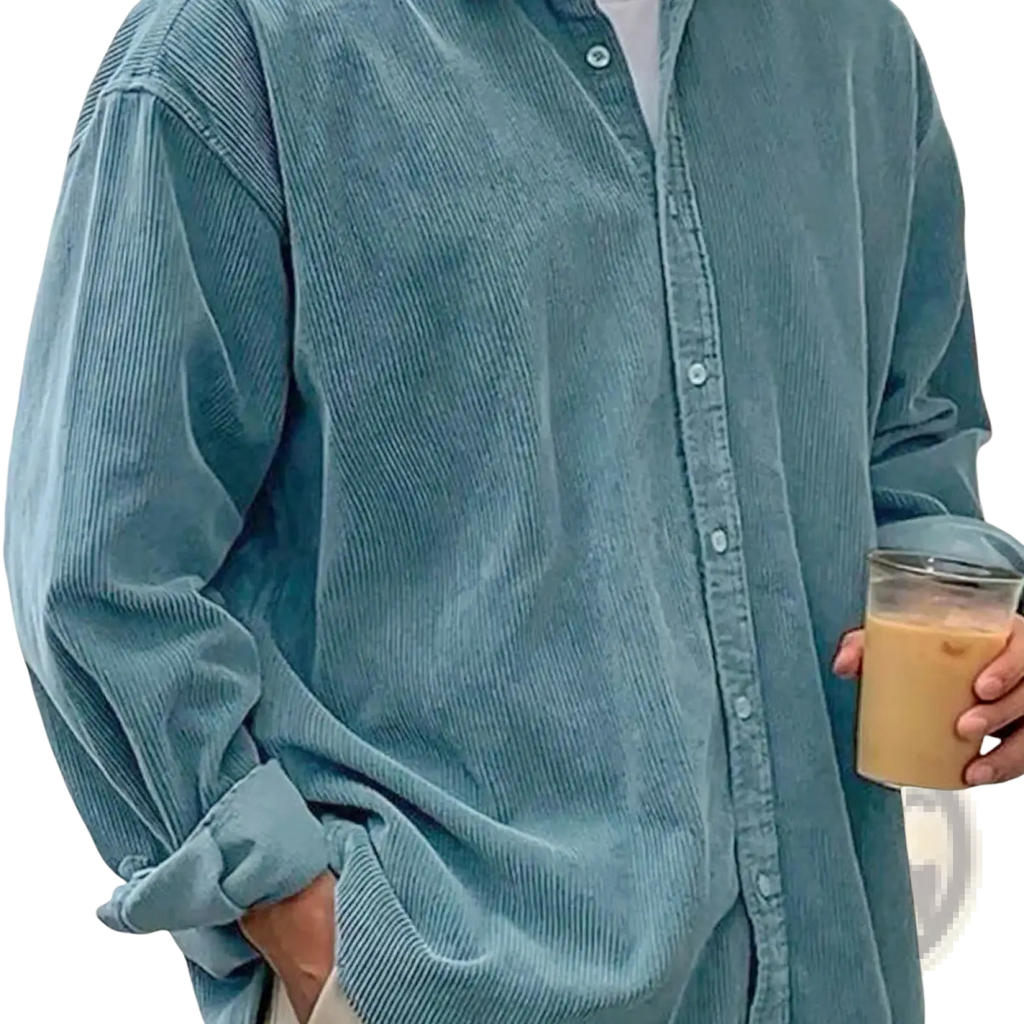 Men’s relaxed fit corduroy shirt jacket in teal with button-up front and rolled cuffs for casual wear