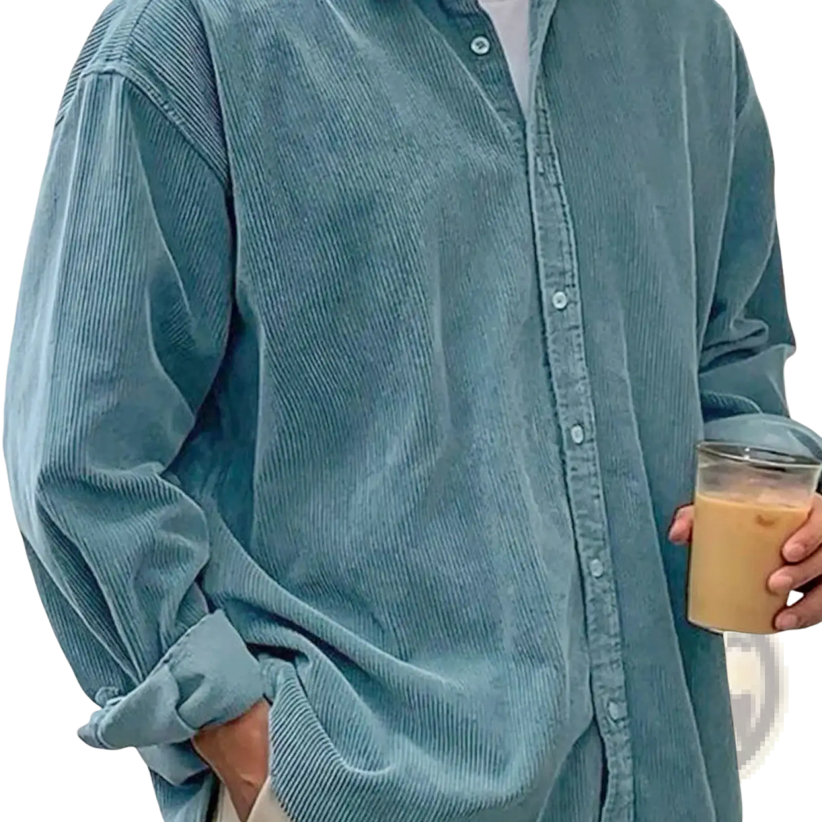 Men’s relaxed fit corduroy shirt jacket in teal with button-up front and rolled cuffs for casual wear