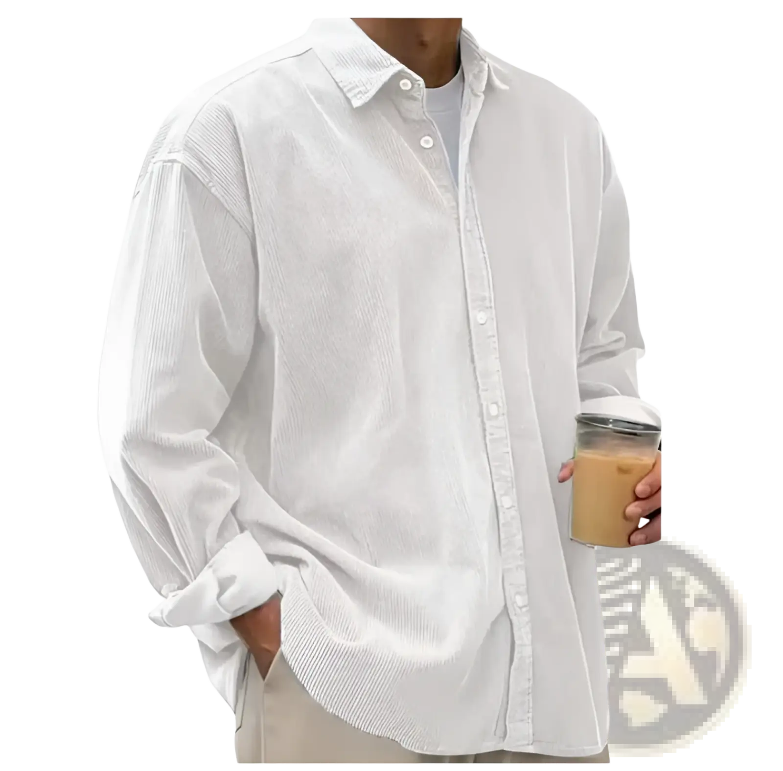 Men’s relaxed fit corduroy shirt jacket in white with button-up front and rolled cuffs for casual wear