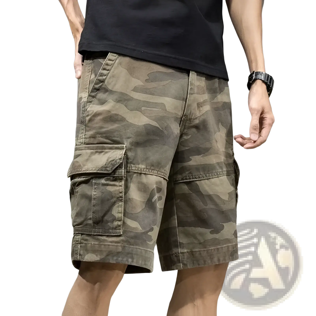 Men’s relaxed fit cotton camouflage cargo shorts in earthy tones with multiple pockets and durable fabric