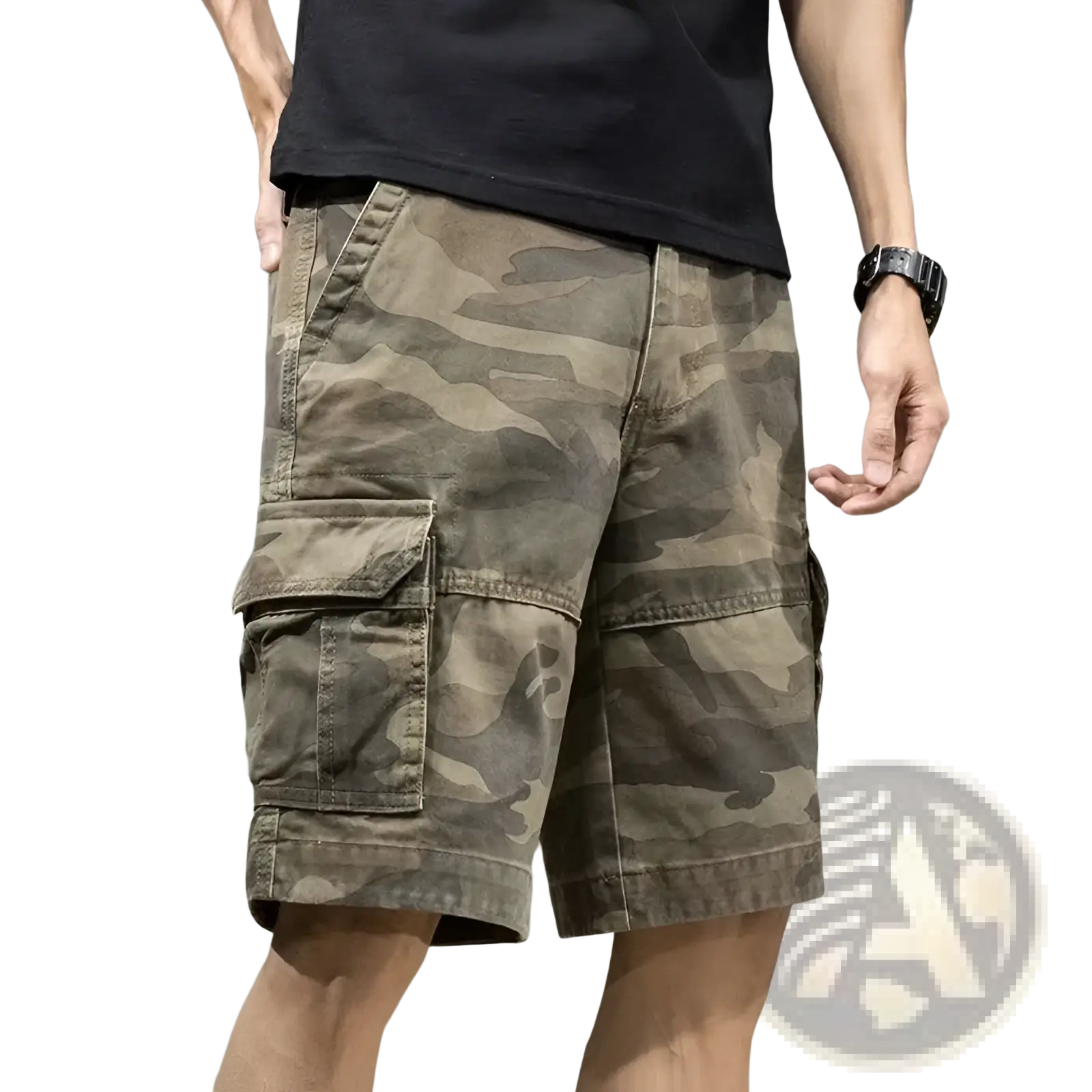 Men’s relaxed fit cotton camouflage cargo shorts in earthy tones with multiple pockets and durable fabric