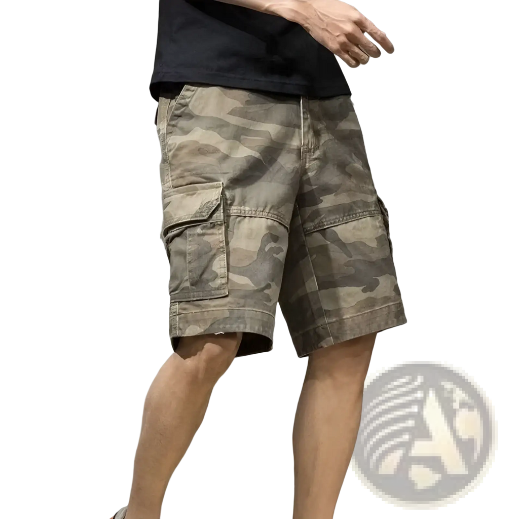 Men’s relaxed fit cotton camouflage cargo shorts in earthy tones with durable fabric and multiple pockets for casual wear