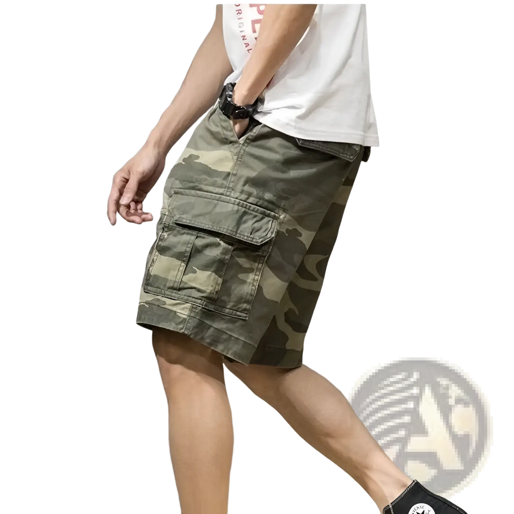 Men’s relaxed fit cotton camouflage cargo shorts in olive and brown with durable fabric and multiple pockets