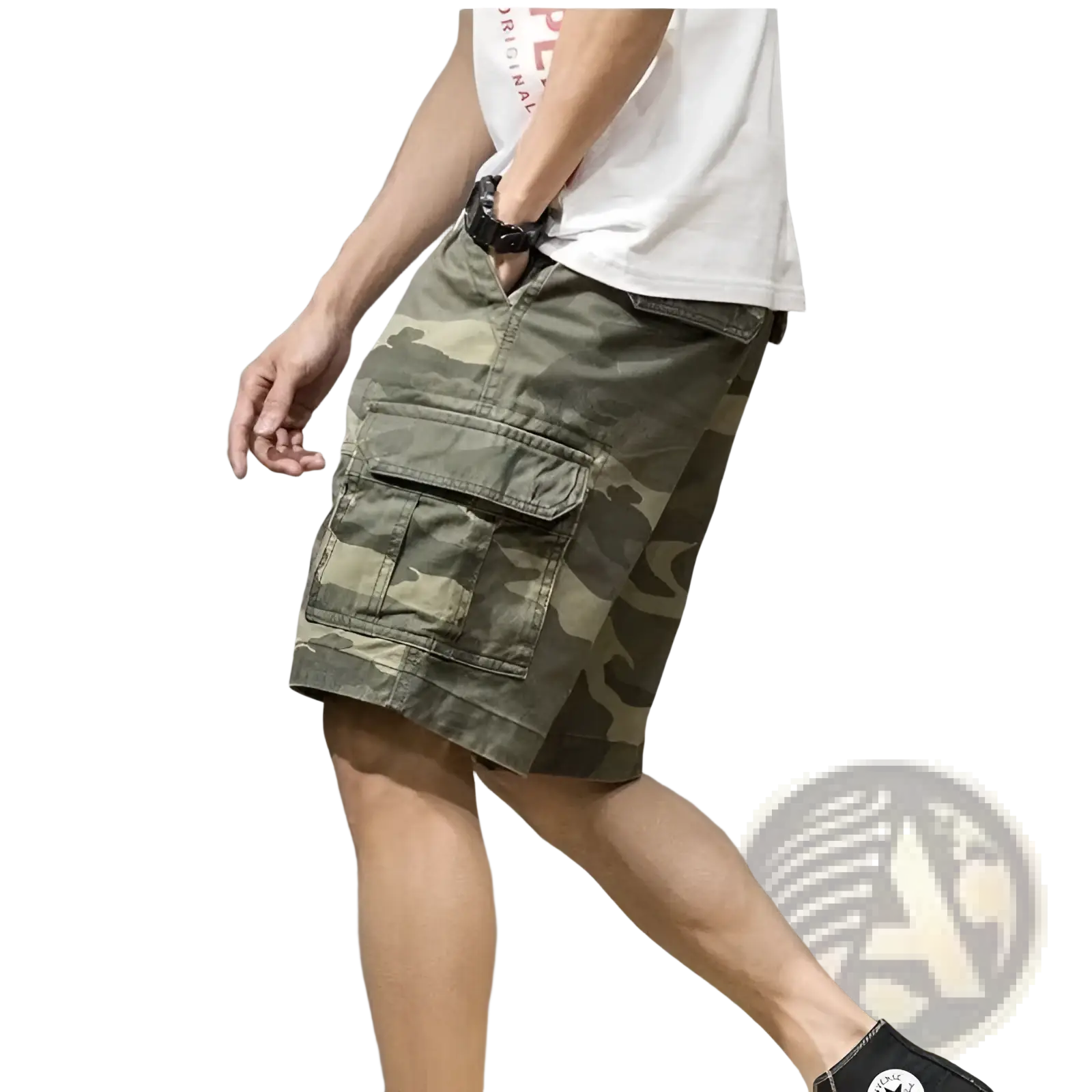 Men’s relaxed fit cotton camouflage cargo shorts in olive and brown with durable fabric and multiple pockets