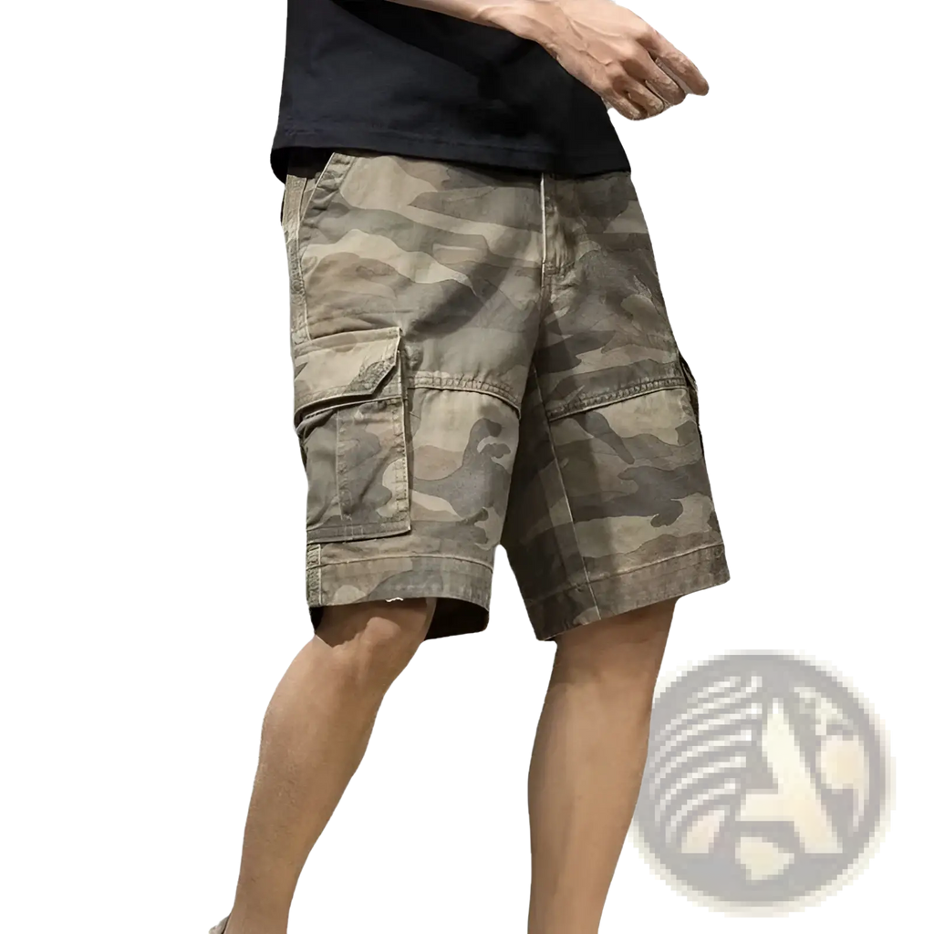 Mens relaxed fit cotton camouflage cargo shorts in earthy tones with durable fabric and multiple pockets