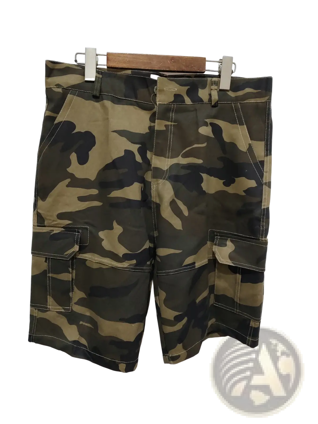 Men’s relaxed fit cotton camouflage cargo shorts in dark green olive and tan tones with multiple pockets