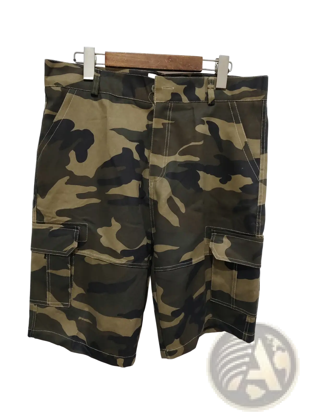 Men’s relaxed fit cotton camouflage cargo shorts in dark green olive and tan tones with multiple pockets
