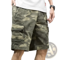 Men’s relaxed fit cotton camouflage cargo shorts in olive and tan with multiple pockets for casual wear