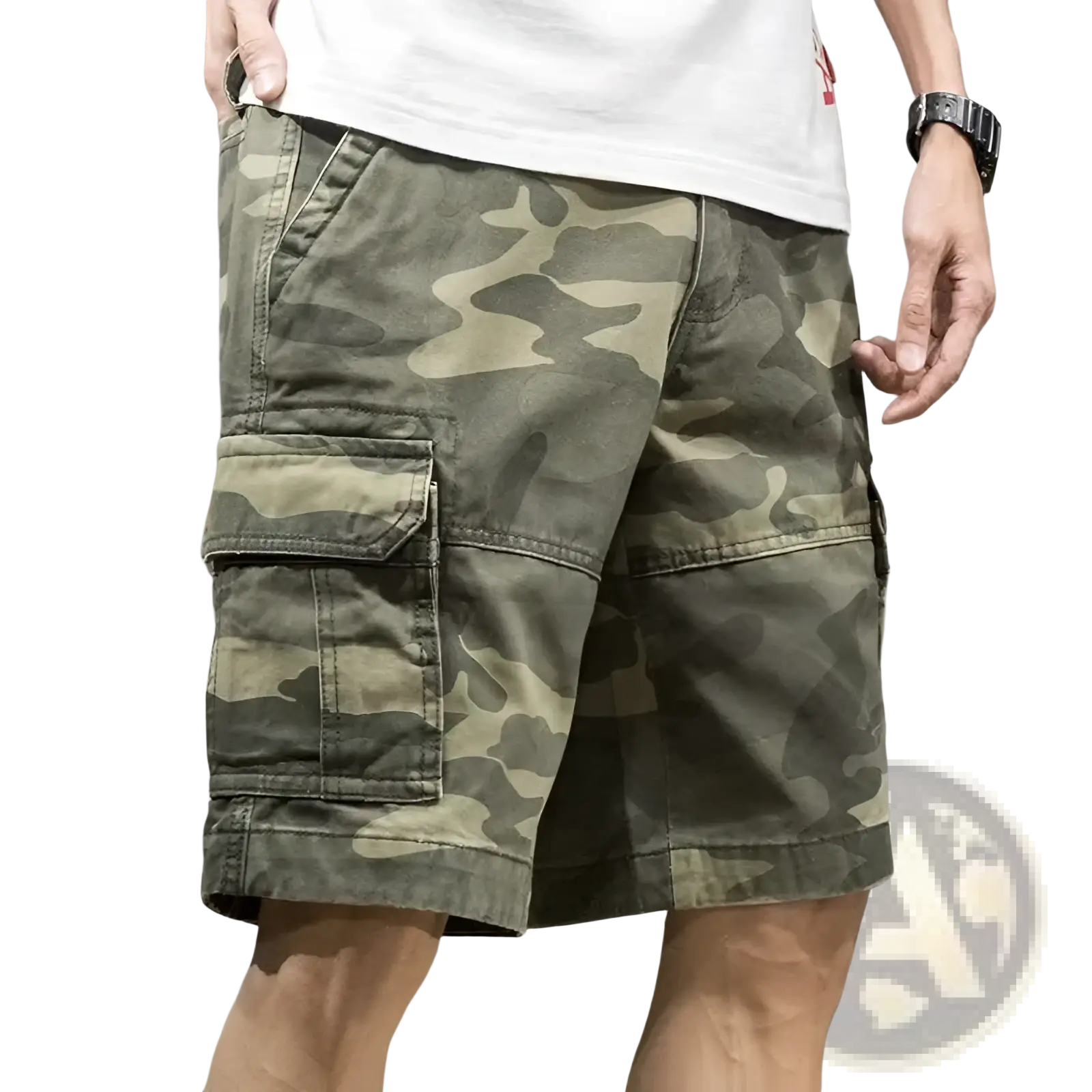 Men’s relaxed fit cotton camouflage cargo shorts in olive and tan with multiple pockets for casual wear